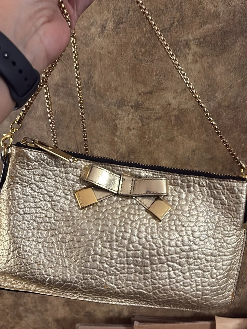 Burberry Metallic Gold Leather Bow Chain Wristlet